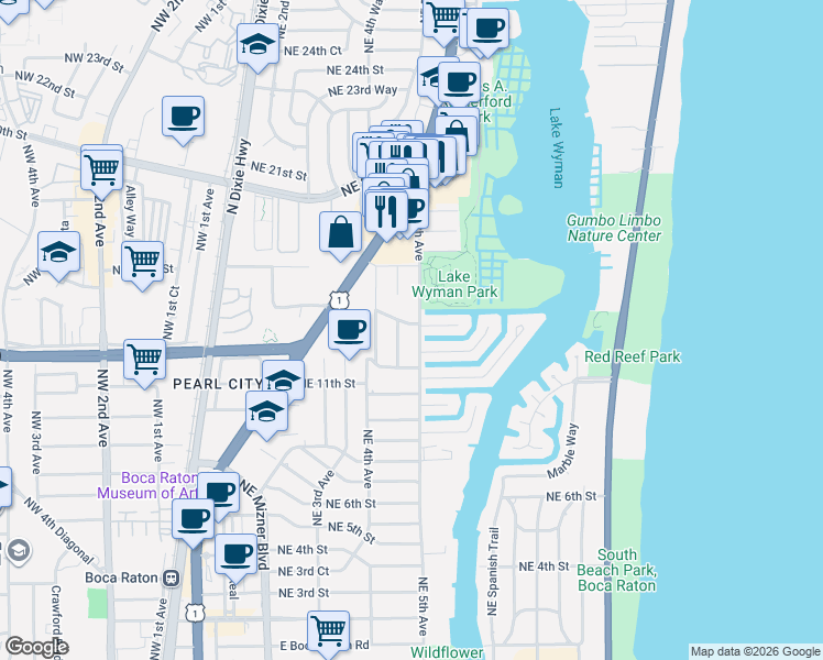 map of restaurants, bars, coffee shops, grocery stores, and more near 500 Northeast 14th Street in Boca Raton