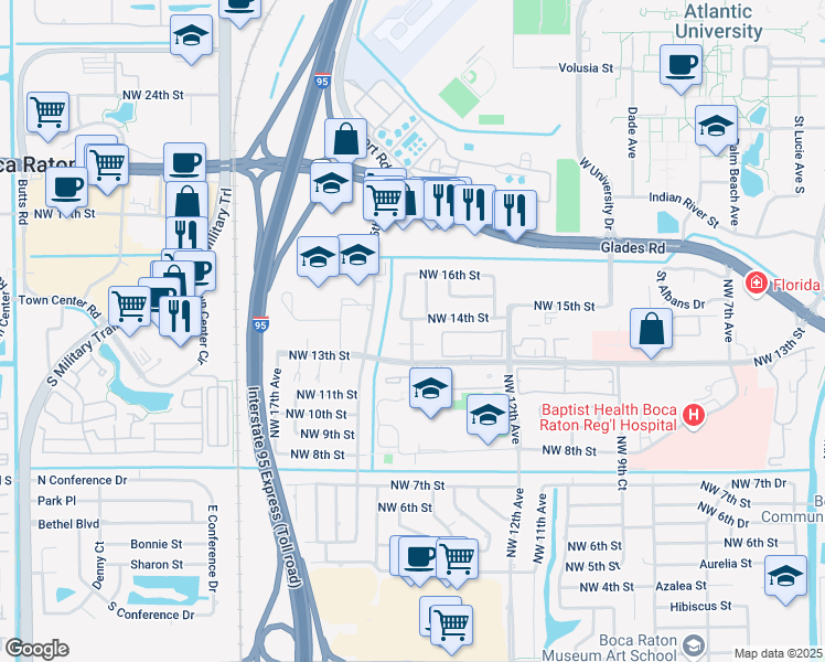 map of restaurants, bars, coffee shops, grocery stores, and more near 1331 Northwest 13th Court in Boca Raton