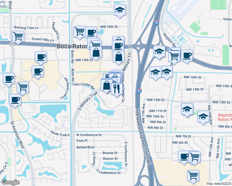 map of restaurants, bars, coffee shops, grocery stores, and more near 5100 Town Center Circle in Boca Raton
