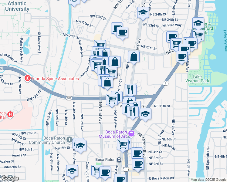map of restaurants, bars, coffee shops, grocery stores, and more near 123 Northwest 13th Street in Boca Raton
