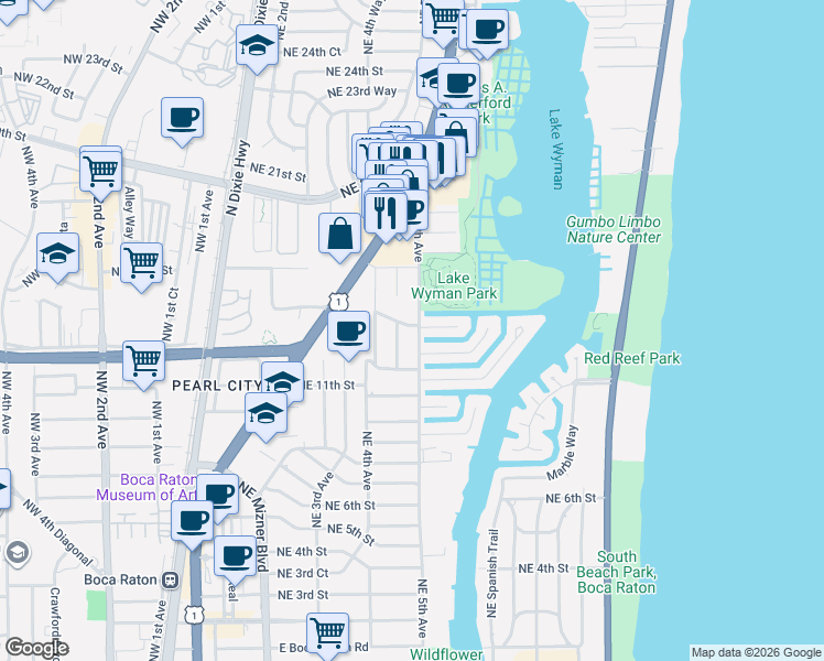 map of restaurants, bars, coffee shops, grocery stores, and more near 500 Northeast 14th Street in Boca Raton