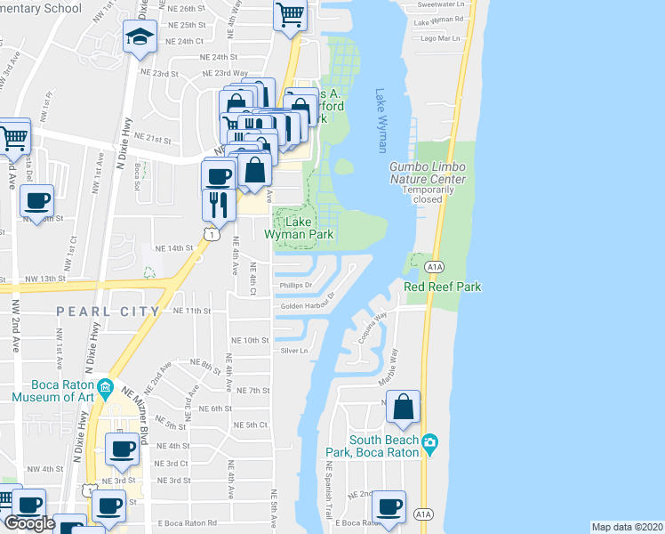 map of restaurants, bars, coffee shops, grocery stores, and more near 620 Phillips Drive in Boca Raton