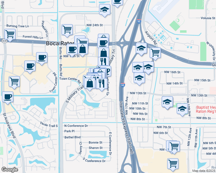 map of restaurants, bars, coffee shops, grocery stores, and more near 5095 Town Center Circle in Boca Raton