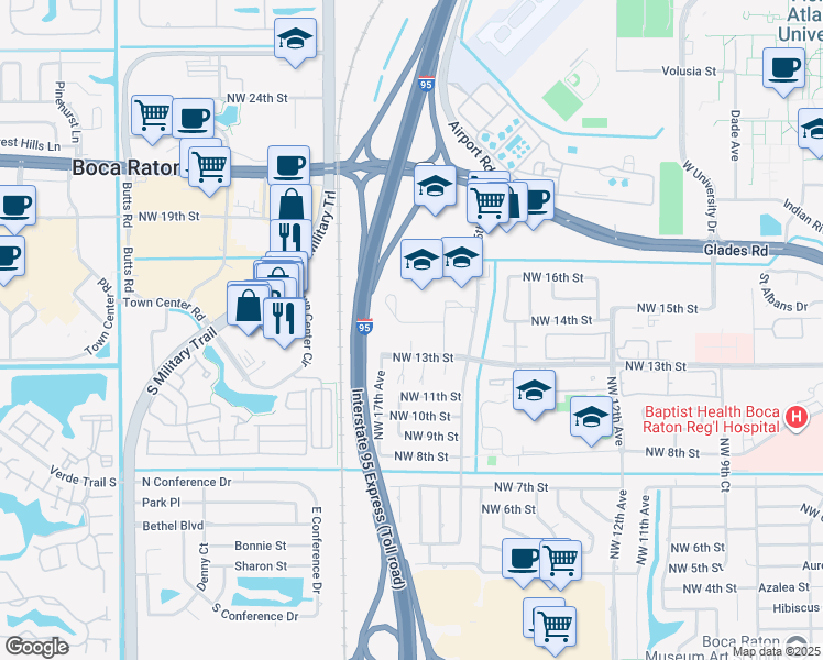 map of restaurants, bars, coffee shops, grocery stores, and more near 1601 Northwest 13th Street in Boca Raton