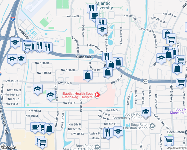 map of restaurants, bars, coffee shops, grocery stores, and more near 1400 Northwest 9th Avenue in Boca Raton