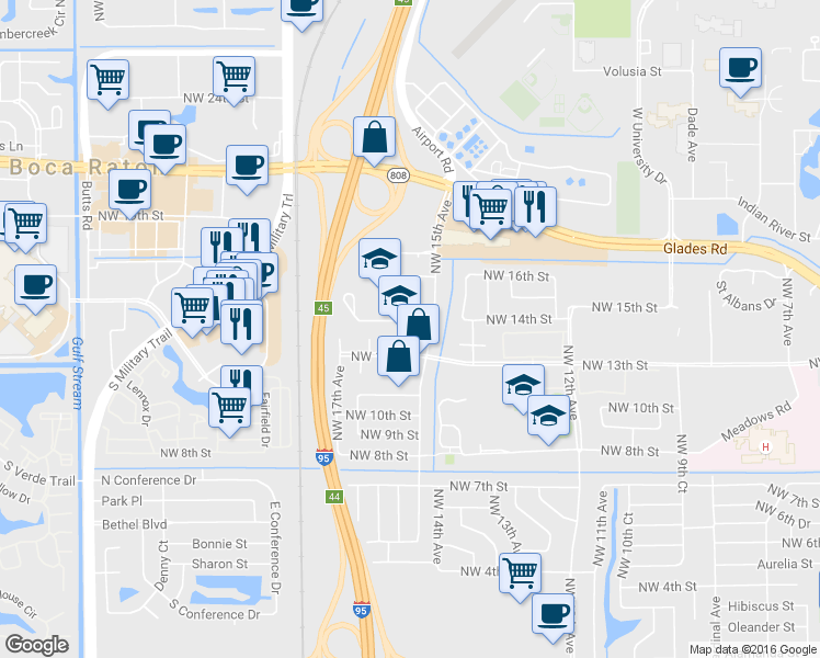 map of restaurants, bars, coffee shops, grocery stores, and more near 1400 Northwest 15th Court in Boca Raton