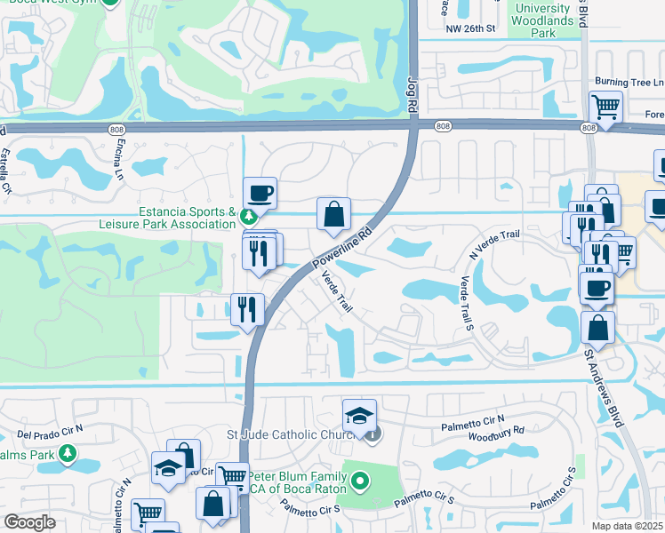 map of restaurants, bars, coffee shops, grocery stores, and more near 6751 Boca Pines Trail in Boca Raton