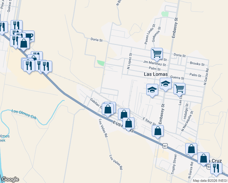 map of restaurants, bars, coffee shops, grocery stores, and more near 5085 San Juanita Road in Rio Grande City