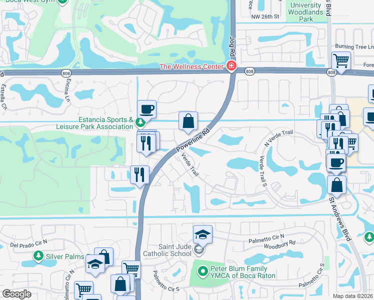 map of restaurants, bars, coffee shops, grocery stores, and more near 6751 Boca Pines Trail in Boca Raton