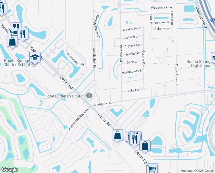 map of restaurants, bars, coffee shops, grocery stores, and more near 25806 Cockleshell Drive in Bonita Springs