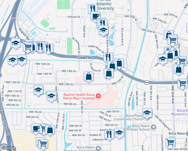 map of restaurants, bars, coffee shops, grocery stores, and more near 1400 Northwest 9th Avenue in Boca Raton