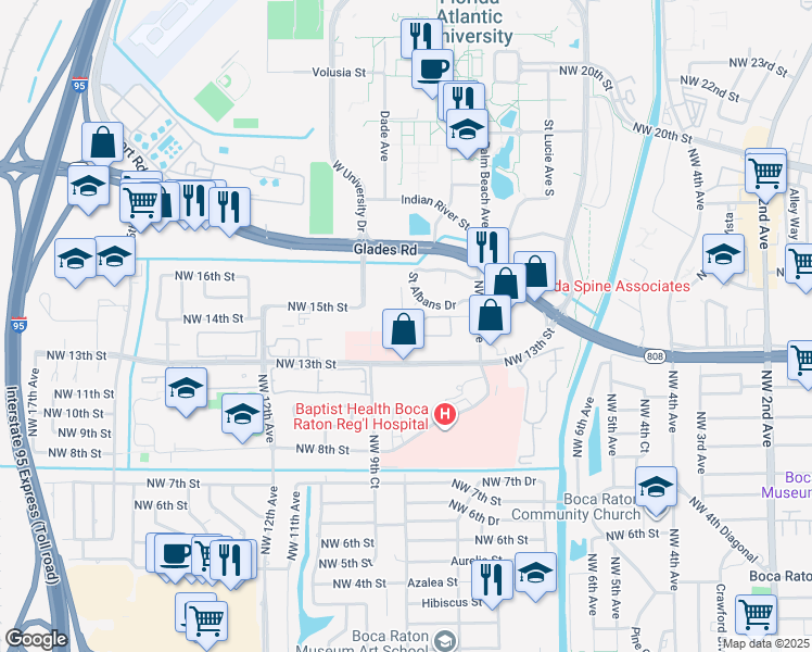 map of restaurants, bars, coffee shops, grocery stores, and more near 1485 Northwest 9th Avenue in Boca Raton