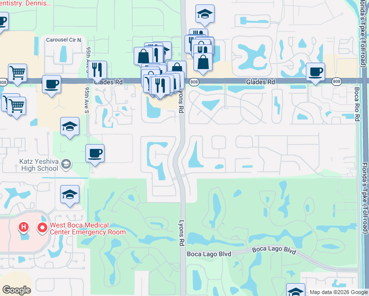 map of restaurants, bars, coffee shops, grocery stores, and more near 21143 Escondido Way South in Boca Raton