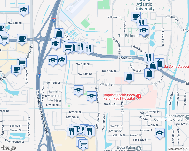 map of restaurants, bars, coffee shops, grocery stores, and more near 1200 NW 14th St in Boca Raton