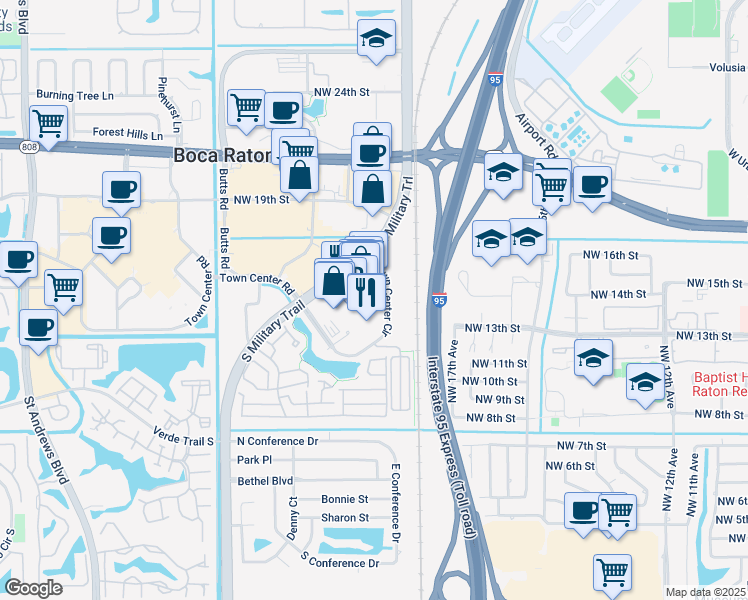 map of restaurants, bars, coffee shops, grocery stores, and more near 5100 Town Center Circle in Boca Raton