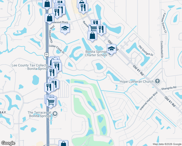 map of restaurants, bars, coffee shops, grocery stores, and more near 9330 Cedar Creek Drive in Bonita Springs
