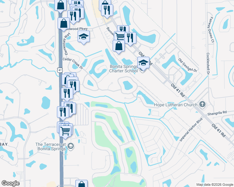map of restaurants, bars, coffee shops, grocery stores, and more near 9330 Cedar Creek Drive in Bonita Springs