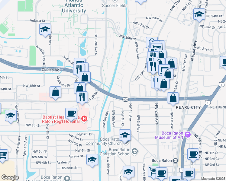 map of restaurants, bars, coffee shops, grocery stores, and more near 501 Glades Rd in Boca Raton