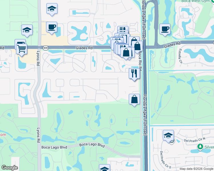 map of restaurants, bars, coffee shops, grocery stores, and more near 8370 Via Leonessa in Boca Raton
