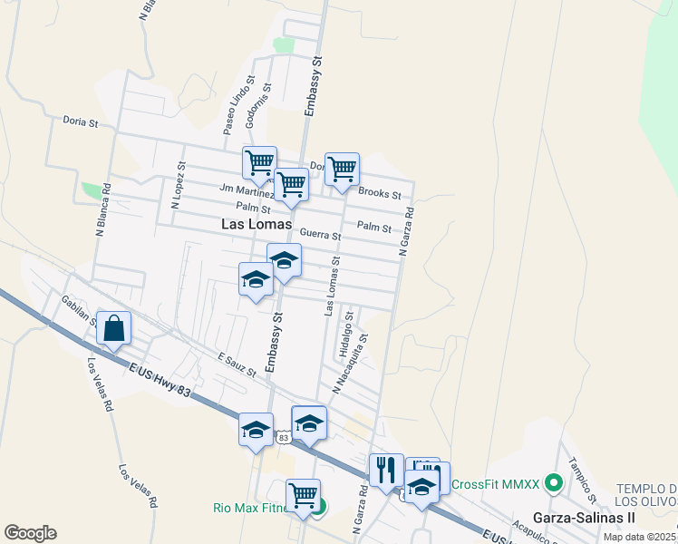 map of restaurants, bars, coffee shops, grocery stores, and more near 4000 Las Lomas Street in Rio Grande City