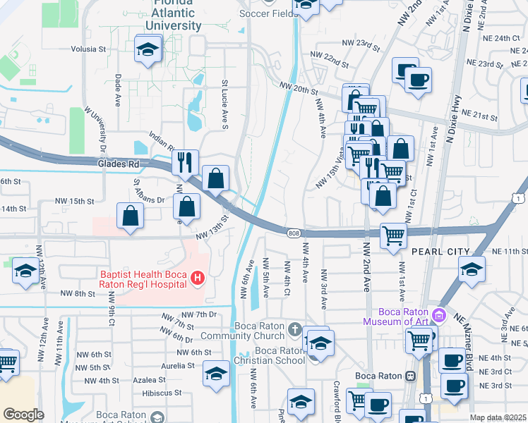 map of restaurants, bars, coffee shops, grocery stores, and more near 501 Glades Road in Boca Raton