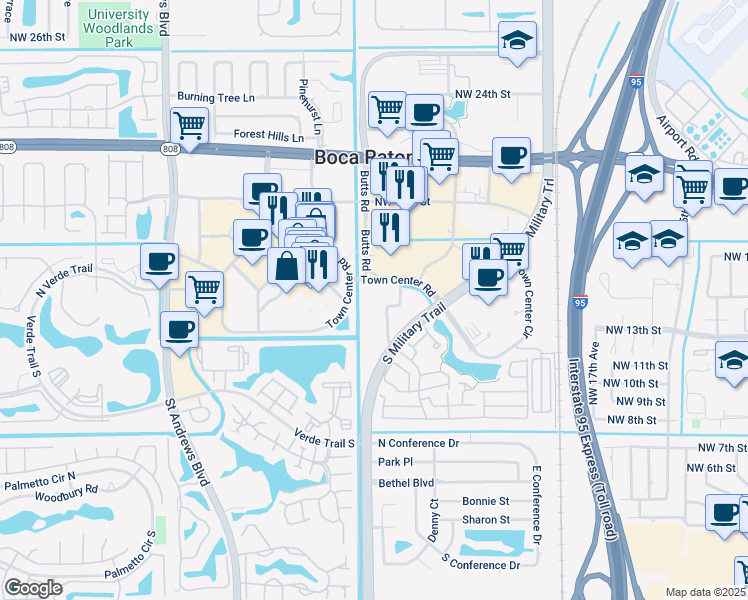 map of restaurants, bars, coffee shops, grocery stores, and more near 5458 Town Center Road in Boca Raton