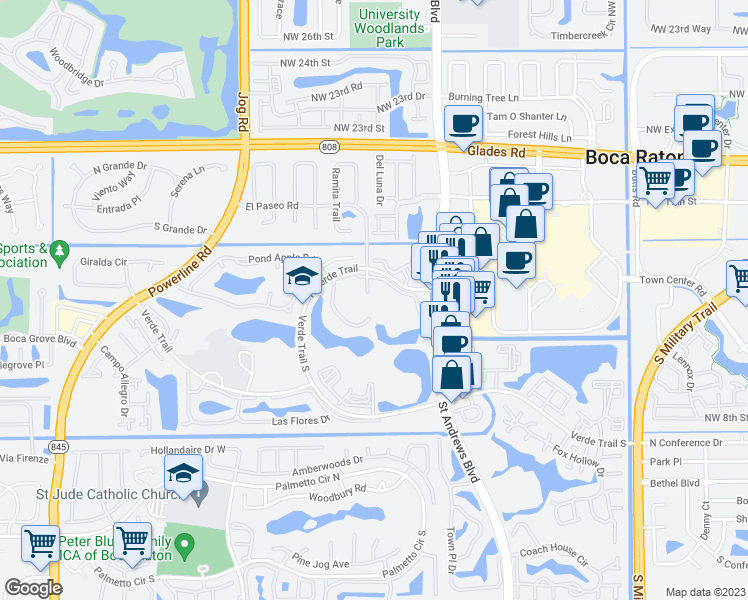 map of restaurants, bars, coffee shops, grocery stores, and more near 6152 North Verde Trail in Boca Raton