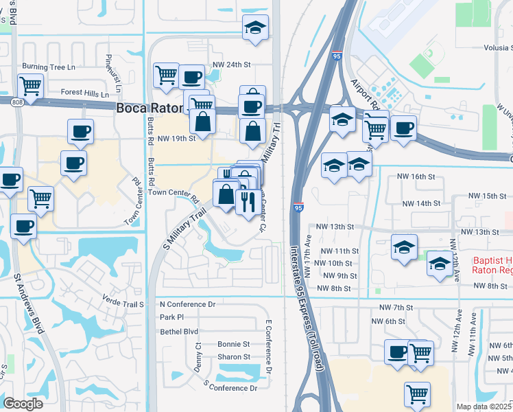 map of restaurants, bars, coffee shops, grocery stores, and more near 5100 Town Center Circle in Boca Raton