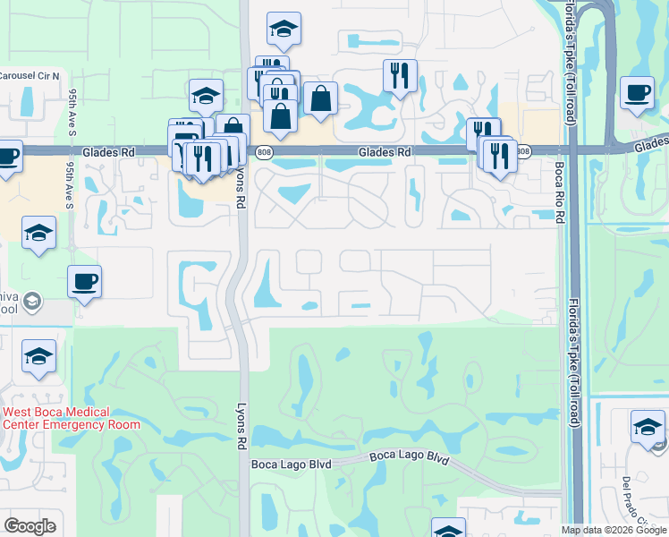 map of restaurants, bars, coffee shops, grocery stores, and more near 21130 Madria Circle in Boca Raton