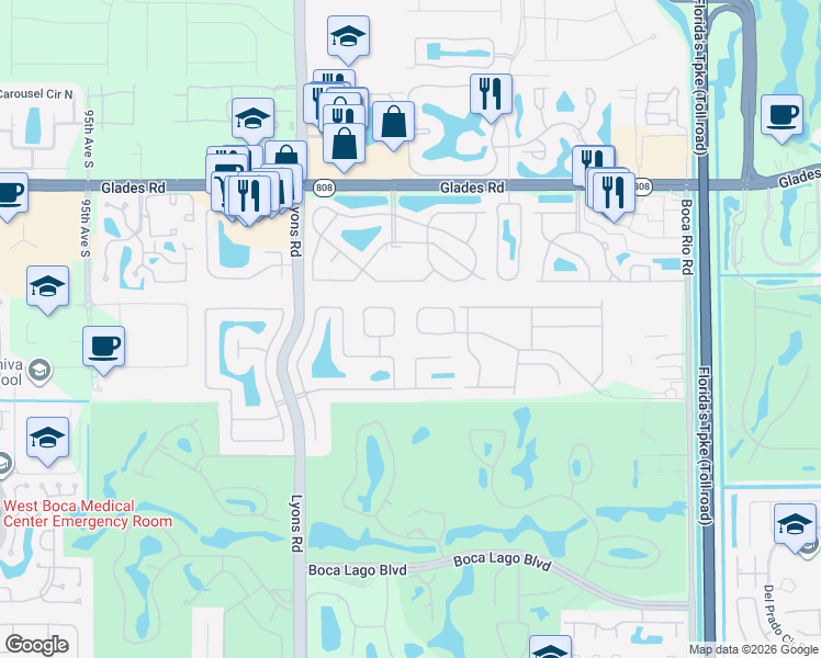 map of restaurants, bars, coffee shops, grocery stores, and more near 21130 Madria Circle in Boca Raton