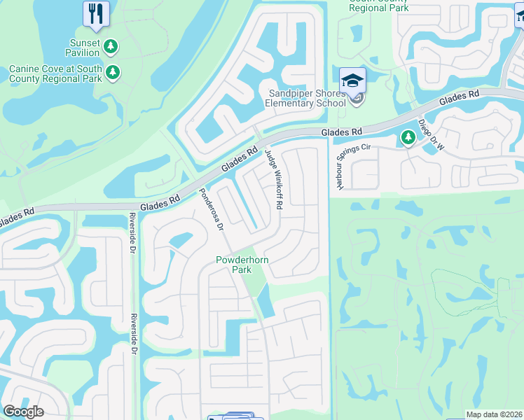 map of restaurants, bars, coffee shops, grocery stores, and more near 21080 Woodspring Avenue in Boca Raton