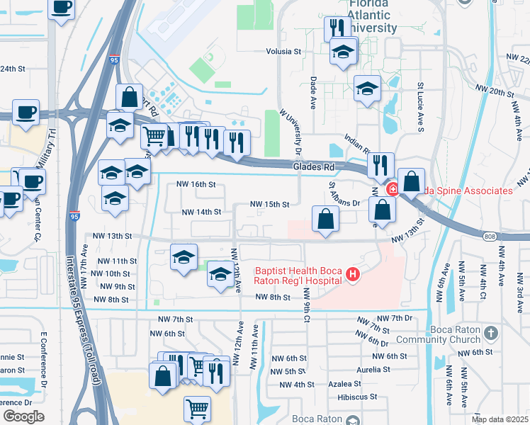 map of restaurants, bars, coffee shops, grocery stores, and more near 1001 Northwest 13th Street in Boca Raton