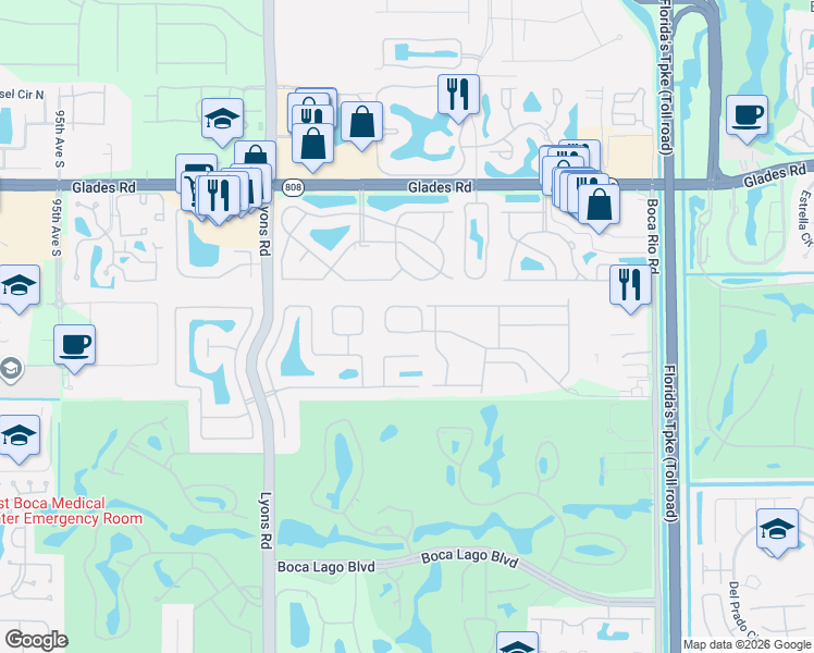 map of restaurants, bars, coffee shops, grocery stores, and more near 8640 Via Ancho Road in Boca Raton