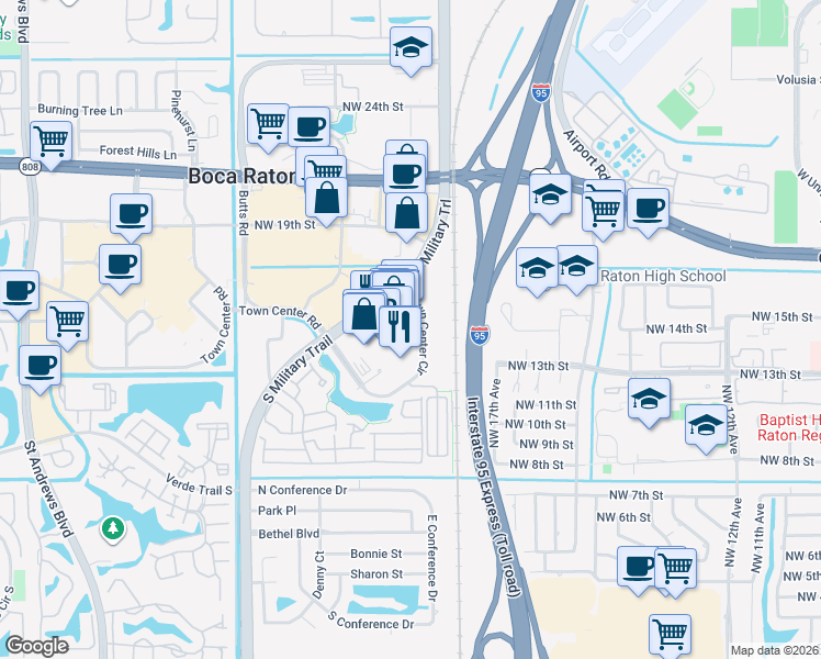 map of restaurants, bars, coffee shops, grocery stores, and more near 5100 Town Center Circle in Boca Raton