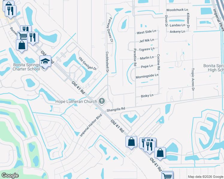 map of restaurants, bars, coffee shops, grocery stores, and more near 25806 Cockleshell Drive in Bonita Springs