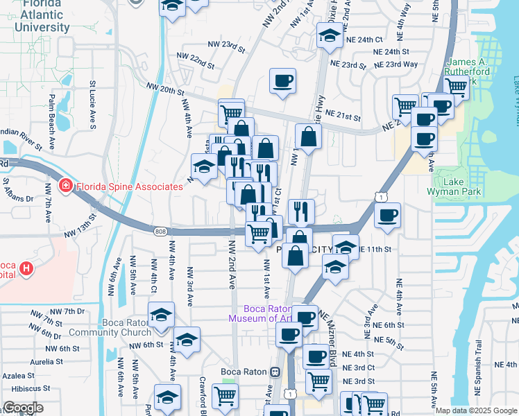 map of restaurants, bars, coffee shops, grocery stores, and more near 123 Northwest 13th Street in Boca Raton