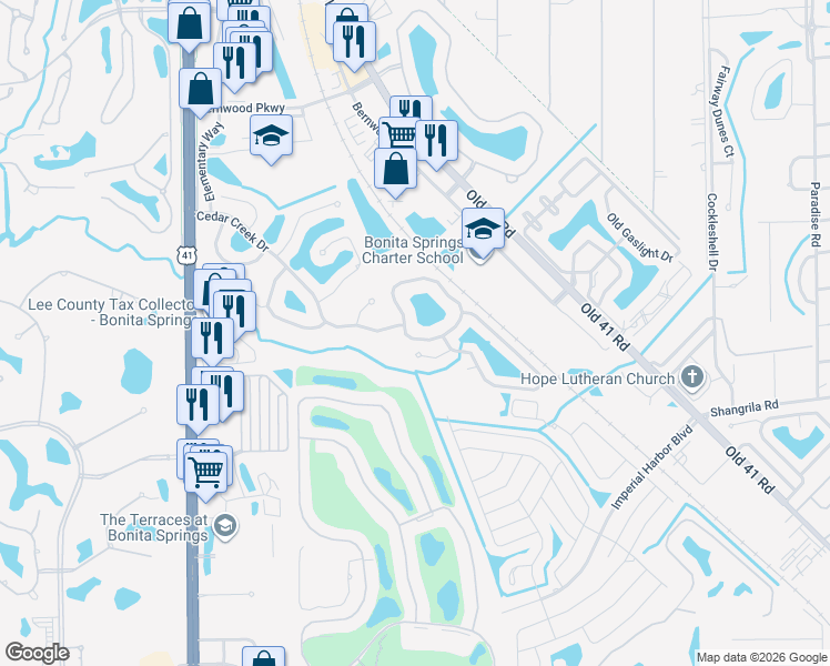 map of restaurants, bars, coffee shops, grocery stores, and more near 9330 Cedar Creek Drive in Bonita Springs