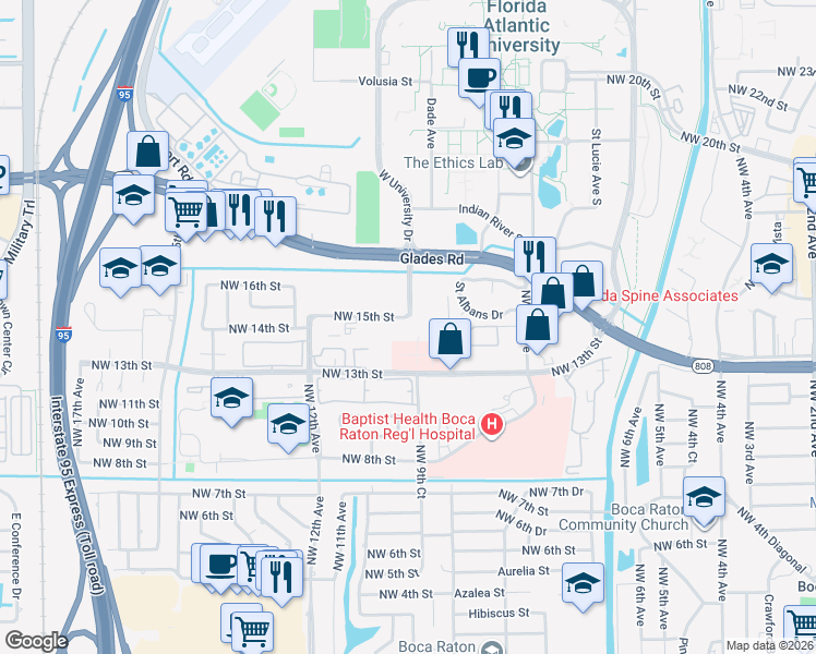 map of restaurants, bars, coffee shops, grocery stores, and more near 1000 Northwest 15th Street in Boca Raton