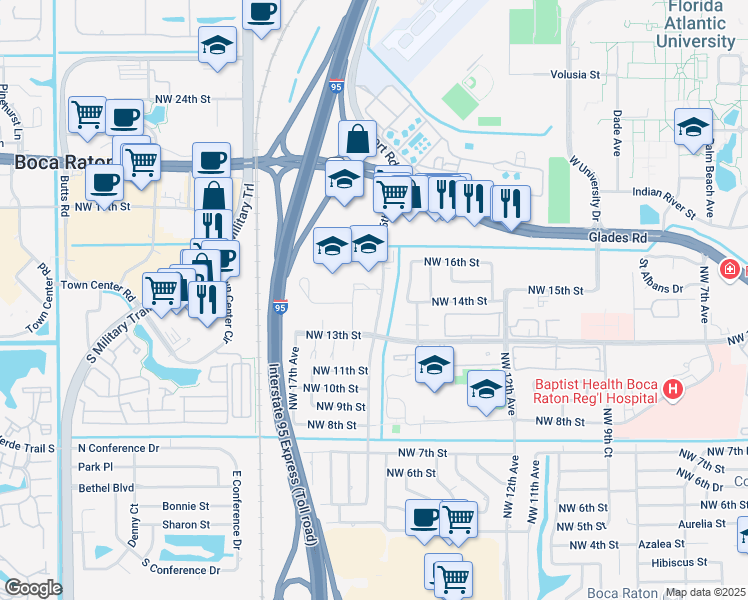map of restaurants, bars, coffee shops, grocery stores, and more near 1381 Northwest 13th Court in Boca Raton