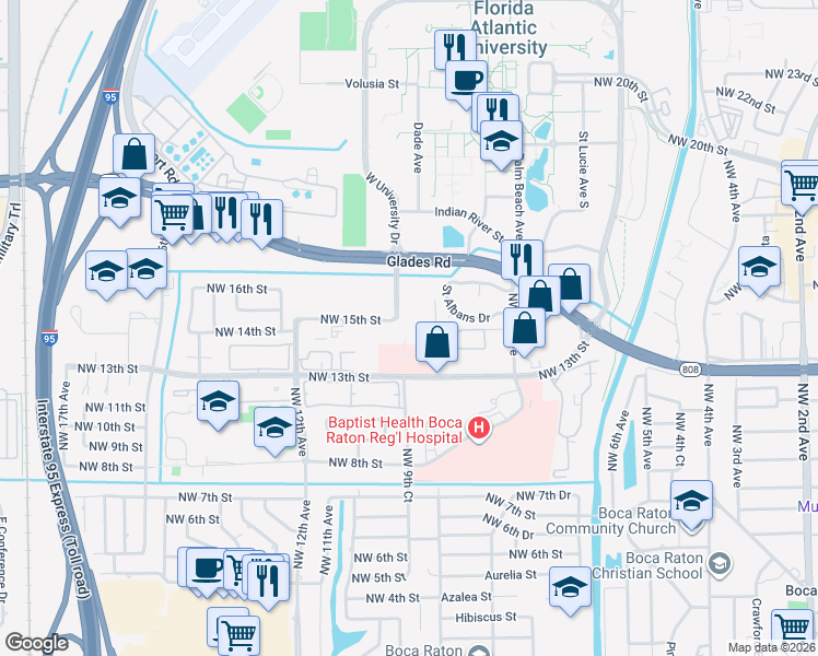 map of restaurants, bars, coffee shops, grocery stores, and more near 1000 Northwest 15th Street in Boca Raton