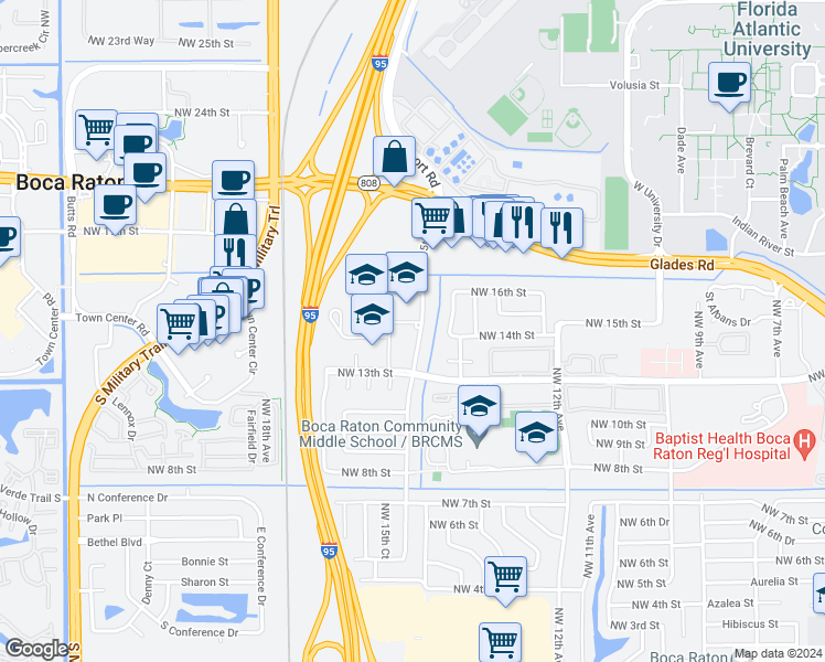 map of restaurants, bars, coffee shops, grocery stores, and more near 1381 Northwest 13th Court in Boca Raton