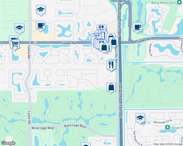 map of restaurants, bars, coffee shops, grocery stores, and more near 8370 Via Leonessa in Boca Raton