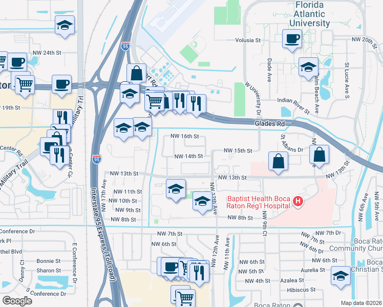 map of restaurants, bars, coffee shops, grocery stores, and more near 1255 Northwest 14th Street in Boca Raton