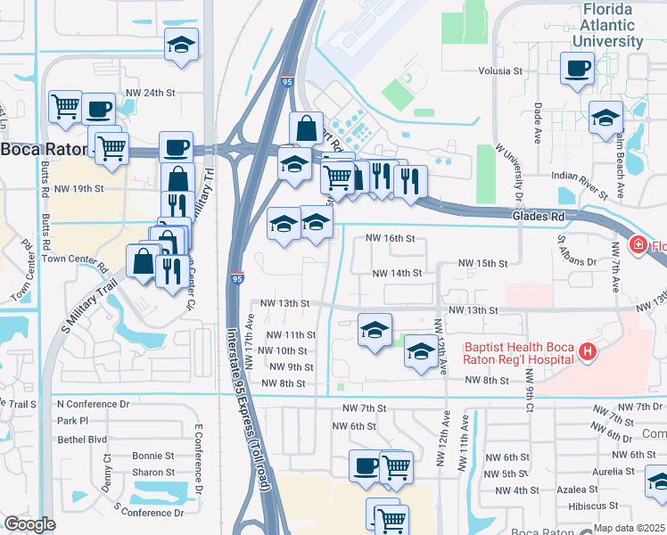 map of restaurants, bars, coffee shops, grocery stores, and more near 1400 Northwest 15th Avenue in Boca Raton