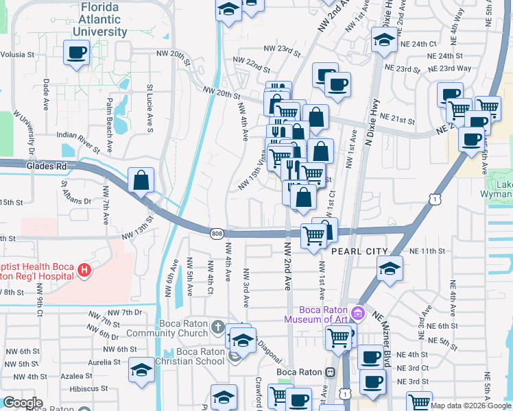 map of restaurants, bars, coffee shops, grocery stores, and more near 1324 Northwest 2nd Circle in Boca Raton