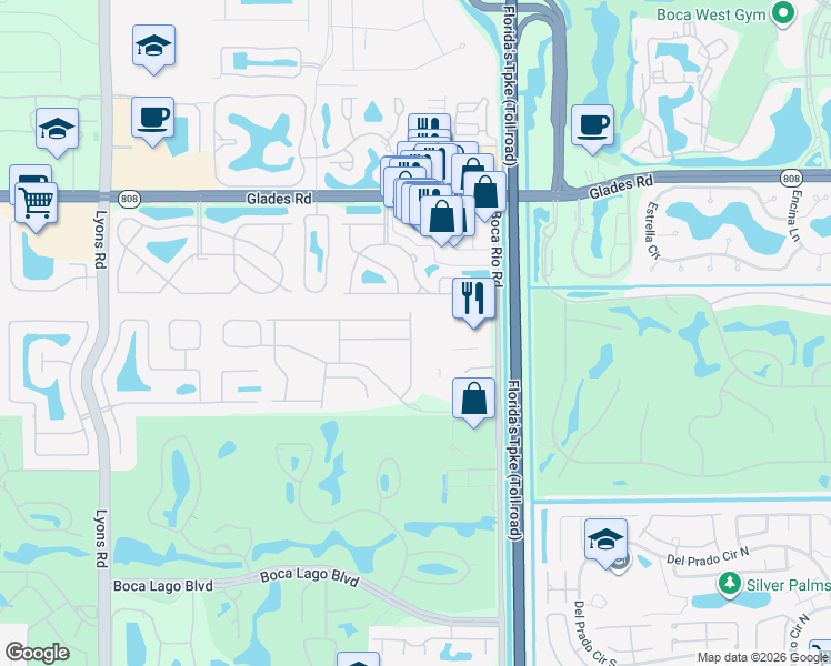 map of restaurants, bars, coffee shops, grocery stores, and more near 21127 Vía Eden in Boca Raton