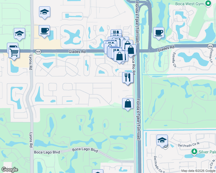 map of restaurants, bars, coffee shops, grocery stores, and more near 21127 Vía Eden in Boca Raton