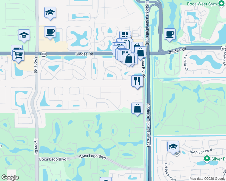 map of restaurants, bars, coffee shops, grocery stores, and more near 8370 Via Leonessa in Boca Raton