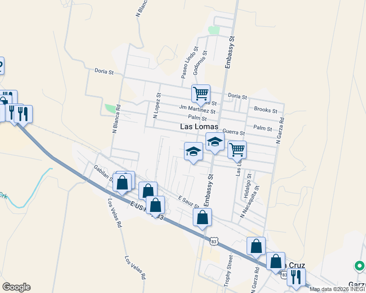 map of restaurants, bars, coffee shops, grocery stores, and more near 5141 East Hinojosa Street in Rio Grande City