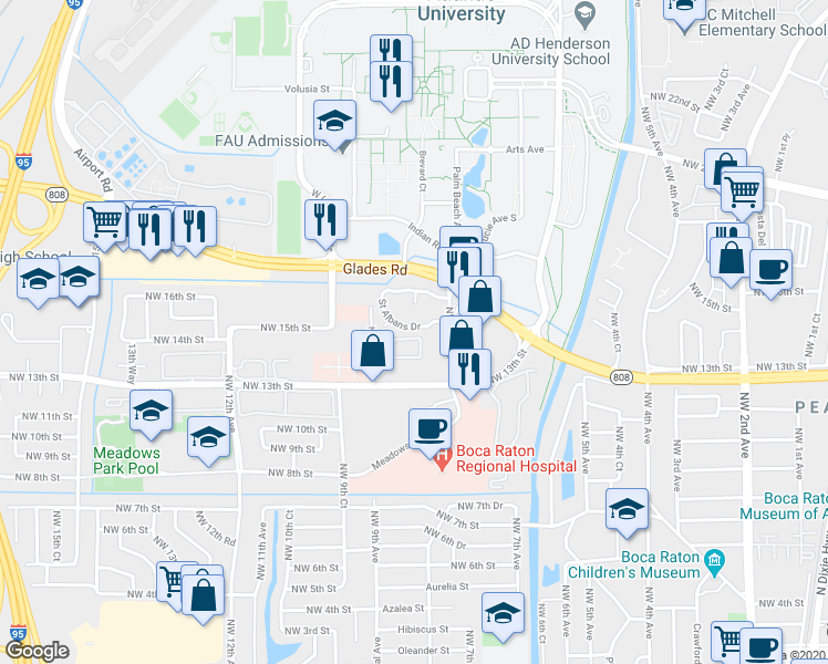 map of restaurants, bars, coffee shops, grocery stores, and more near 720 Saint Albans Drive in Boca Raton